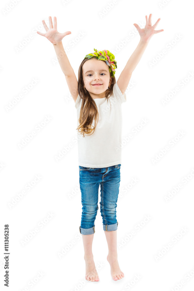 Small cute girl raise hands up. Waving her arms to attract attention, showing ten fingers on the palm. Empty no print template clothes for place your logo ad images branding. Studio shot. Small cute girl raise hands up. Waving her arms to attract attention, showing ten fingers on the palm. Empty no print template clothes for place your logo ad images branding. Studio shot.