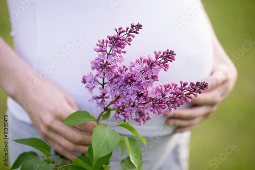 Close-up of torso of pregnant woman holding lilac flower outside