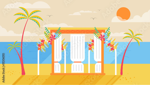 illustration of happy sunny summer day at the beach with wedding entourage on island. Bright sun, palm trees in flat style