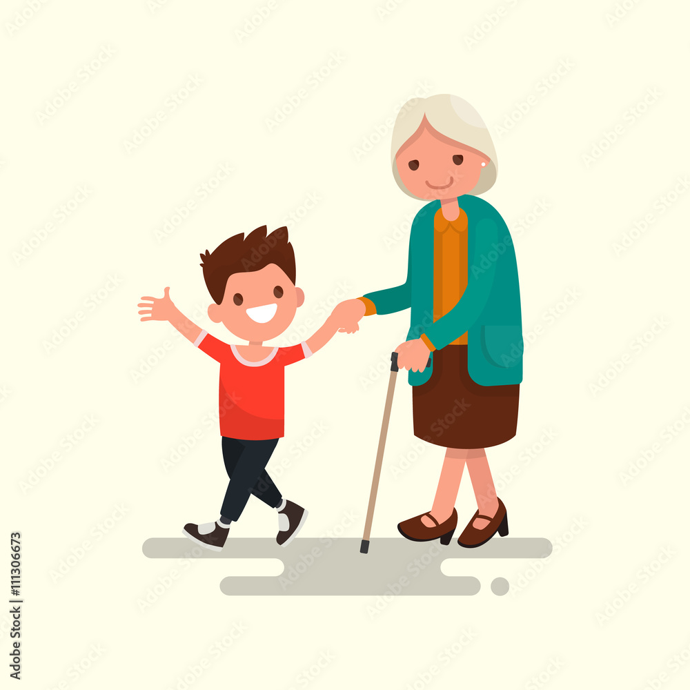 Grandson walking with his grandmother. Vector illustration Grandson walking with his grandmother. Vector illustration