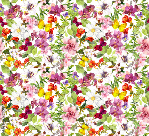 Colorful flowers and butterflies. Floral pattern