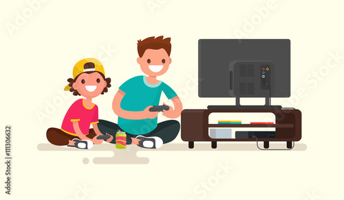 Father and son playing video games on a game console. Vector illustration