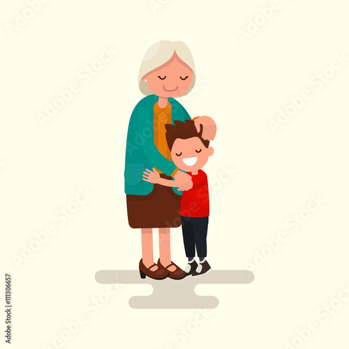 Grandson hugging his grandmother. Vector illustration