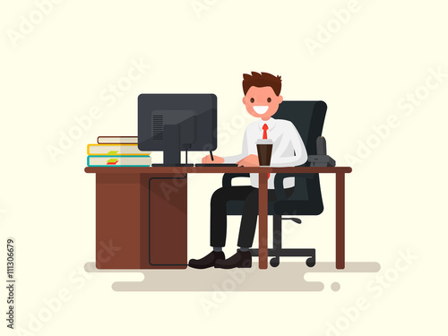 Office worker man behind a desk. Vector illustration
