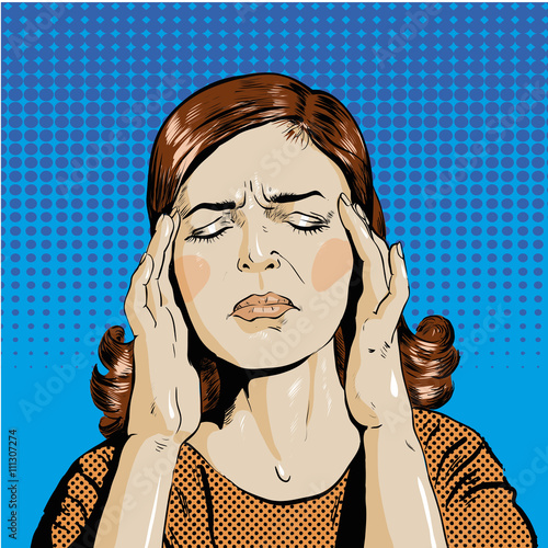 Woman in stress has headache. Vector illustration pop art retro comic style.