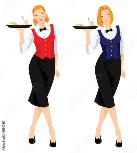 Waitress with tray. Pretty redhead woman in uniform
