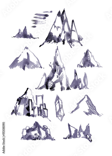 Mountains painted in watercolor. Watercolor sketches mountains isolated on a white background.