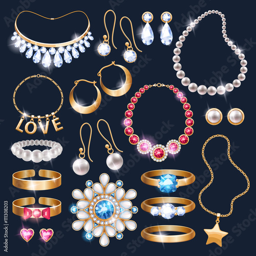 Realistic jewelry accessories icons set.