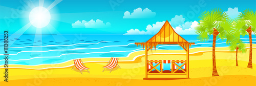 illustration of happy sunny summer day at beach with bungalows for recreation on island, bright sun, palm trees in flat style