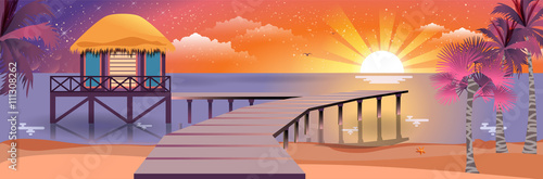 illustration of happy sunny summer night at beach with bungalows on water island sunset, palm trees in flat style