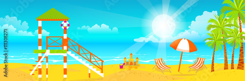 illustration of happy sunny summer day at the beach. Lifeguard tower on island with bright sun, palm trees in flat style