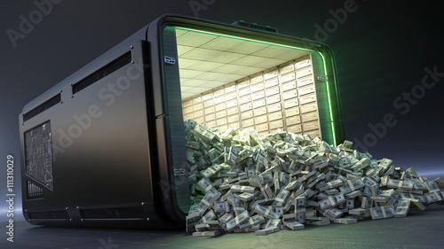 Large container , inside which a mini safes and a million dollars. 3D Rendering