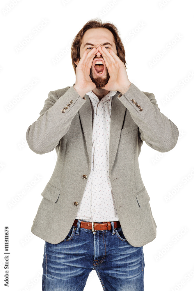 businessman yelling with open hands. emotions, facial expression businessman yelling with open hands. emotions, facial expression