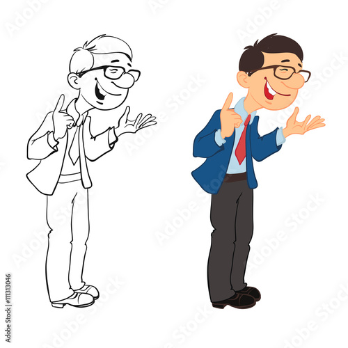Manager, Sales Agent, playful illustration on the theme of "chatterbox". Man in a business suit and glasses.