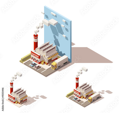 Vector isometric factory building with smoking pipe icon