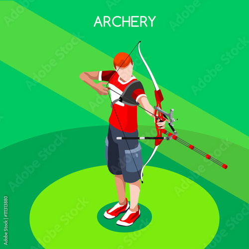 Archery Player Summer Games Icon Set.3D Isometric Archery Player.Sporting Championship International Archery Competition.Sport Infographic Archery Vector Illustration