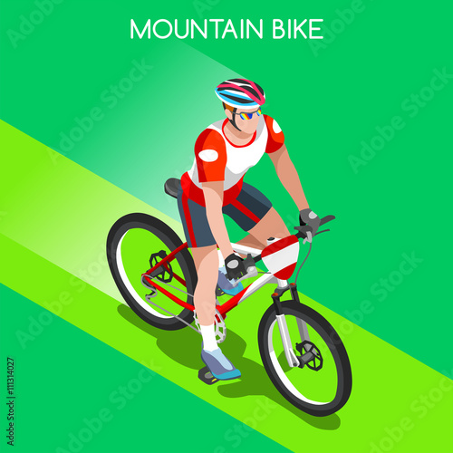 Mountain Biking Cyclist Bicyclist Athlete Summer Games Icon Set.Mountain Biking Cycling Concept.3D Isometric Sporting Bicycle Competition Race.Sport Cycling Infographic Vector Illustration.