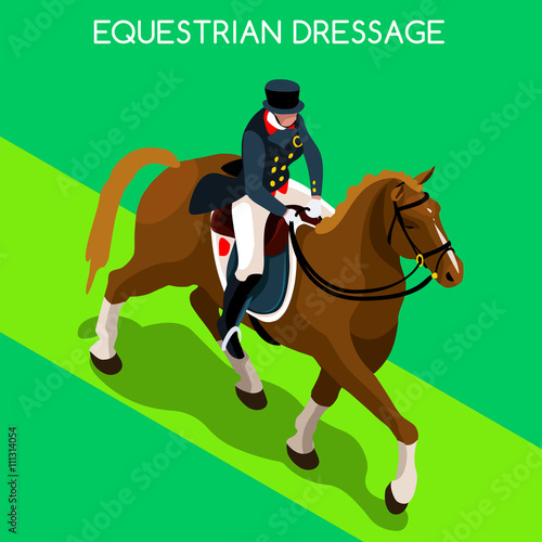 Equestrian Dressage Summer Games Icon Set.3D Isometric Jockey and Horse Sporting Competition.Sport Infographic Equestrian Dressage Vector Illustration