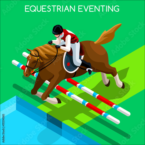 Equestrian Eventing Summer Games Icon Set.3D Isometric Jockey and Horse Jump Sporting Competition.Sport Infographic Equestrian Eventing Vector Illustration
