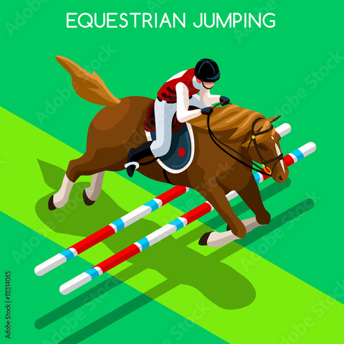 Equestrian Jumping Summer Games Icon Set.3D Isometric Jockey and Horse Jump Sporting Competition.Sport Infographic Equestrian Jumping Vector Illustration