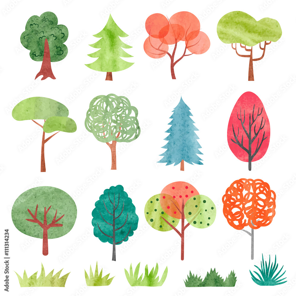 Set of watercolor trees. Colorful tree and grass symbols for your design. Vector illustration. 