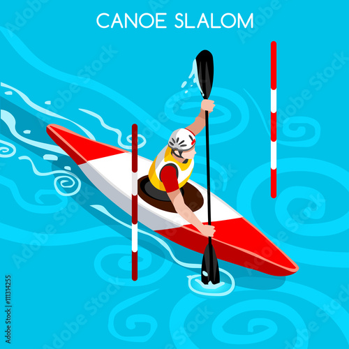 Kayak Slalom Canoe Summer Games Icon Set.3D Isometric Canoeist Paddler.Slalom Kayak Sporting Competition Race.Sport Infographic Kayak Slalom Vector Illustration