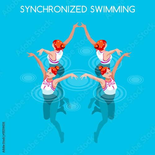 Synchronized Swimming Summer Games Icon Set.3D Isometric Swimmer Team.Water Dance Swimming Sporting International Competition.Sport Infographic Synchronized Swimming Vector Illustration.