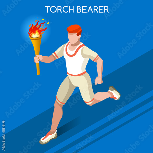 Torchbearer Relay Running Men Summer Games Icon Set.Speed Concept.3D Isometric Athlete.Sporting Competition.Sport Infographic Torchbearer Vector Illustration.