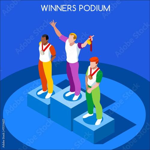Winner Podium Summer Games Icon Set.Speed Concept.3D Isometric Athlete.Sporting Competition.Sport Infographic Winner Podium Vector Illustration.