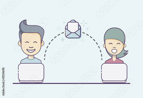 Sending Email. Boy And Girl With Email Symbol.