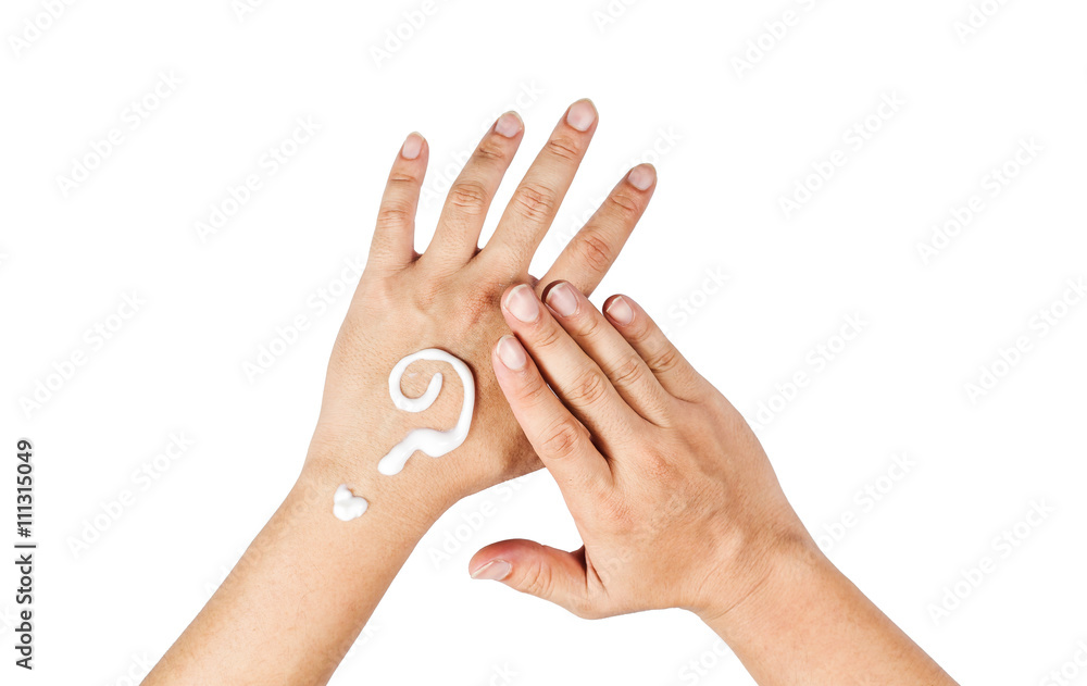 Concept on choosing a lotion for the skin.Hand on the white back