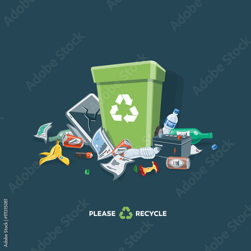 Littering Garbage around the Trash Bin Isolated on Dark Background