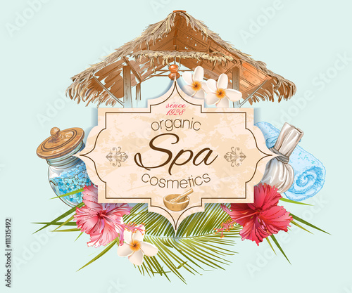 Spa treatment banner with bungalow roof  and hibiscus flowers. Design for cosmetics, store,spa and beauty salon, organic health care products. Can be used as logo design. Vector illustration.