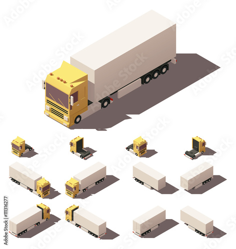 Vector isometric truck with box semi-trailer icon set