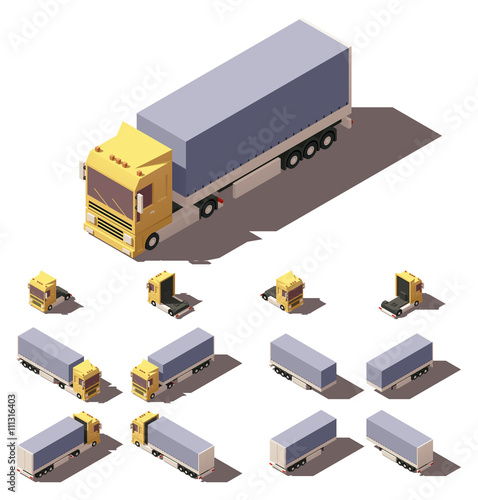 Vector isometric truck with tilt box semi-trailer icon set
