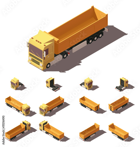 Vector isometric truck with tipper semi-trailer icon set