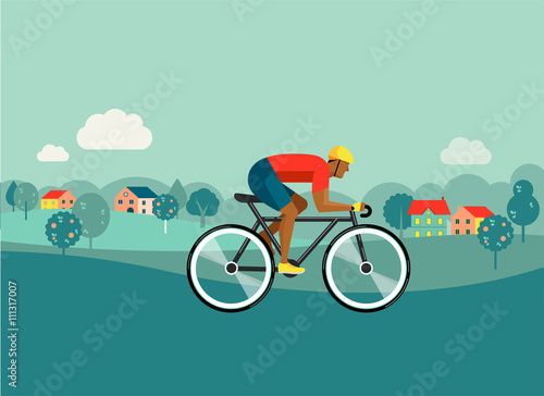 cyclist riding on bicycle on countryside, vector illustration and poster