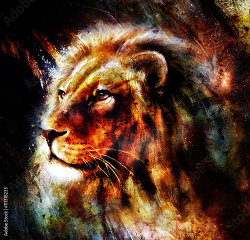 Lion painting on abstract color background. Profile portrait.