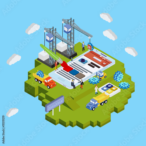 Flat 3d web isometric concept vector template. Mobile app development creative process visualization. Crane people painting changing interface on phone tablet.