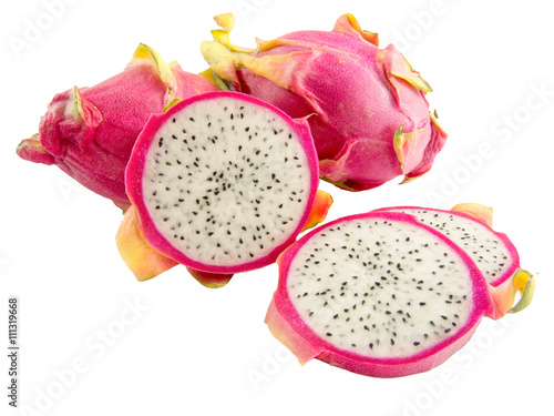 whole pitaya fruits and pitaya slices on white background