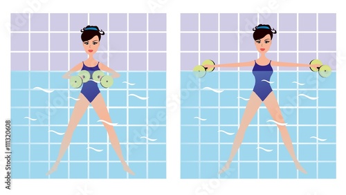 Beautiful girl doing Aqua aerobics. Vector girl doing physical exercise in the water. Cartoon Women making aqua gym exercises with dumbbells in swimming pool.