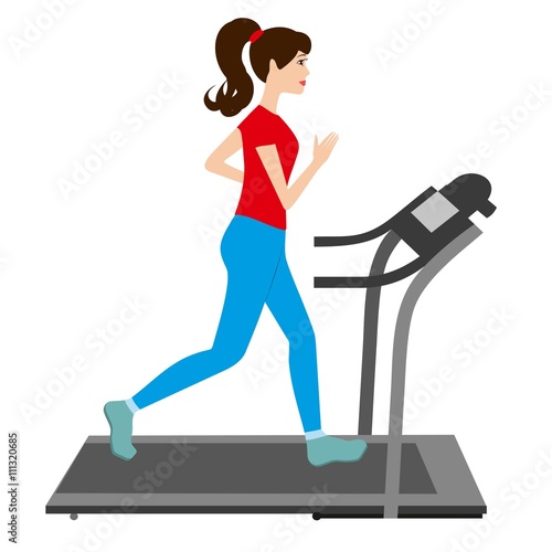 Young woman runs on a treadmill. Sports trainer. Young Girl run treadmill vector illustration