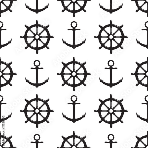 Seamless pattern with steering wheel and anchor on white background.