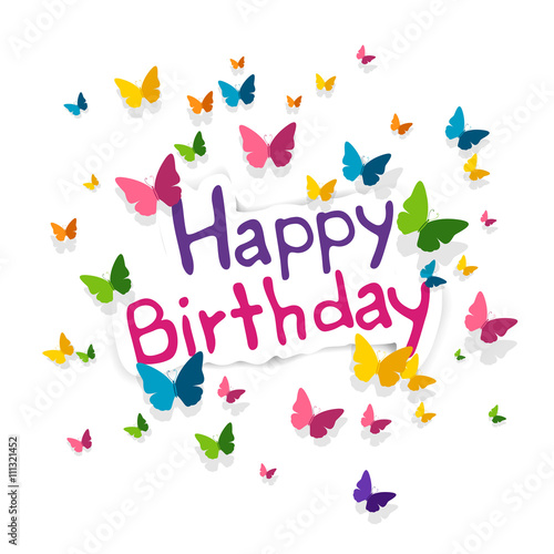 Vector Illustration of a Happy Birthday Greeting Card with Colorful Paper Butterflies