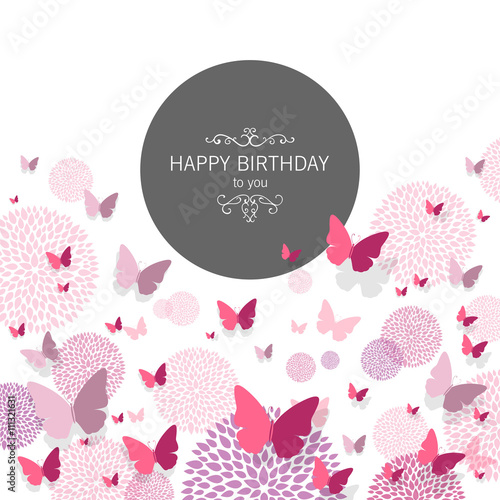 Vector Illustration of a Happy Birthday Greeting Card with Paper Butterflies and Floral Design Elements