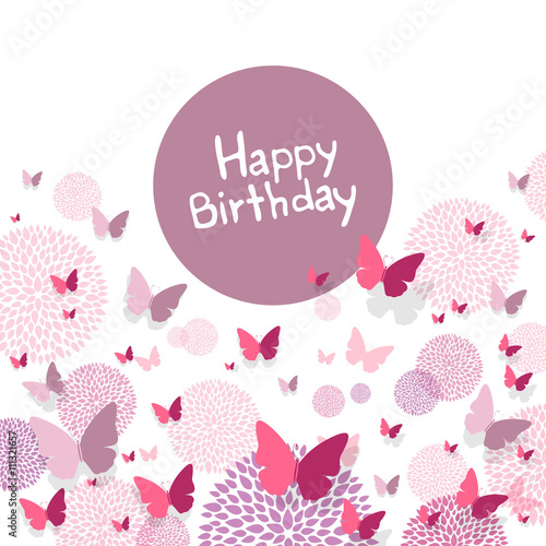 Vector Illustration of a Happy Birthday Greeting Card with Paper Butterflies and Floral Design Elements