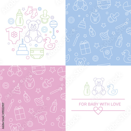 Collection of baby seamless patterns and emblems. Easy to edit and recolor. Linear style and colorful icons. Design for packaging, for invitation and baby shower card. Vector illustration