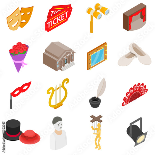 Theatre Icons set, isometric 3d style
