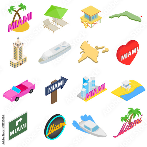 Miami icons set, isometric 3d style