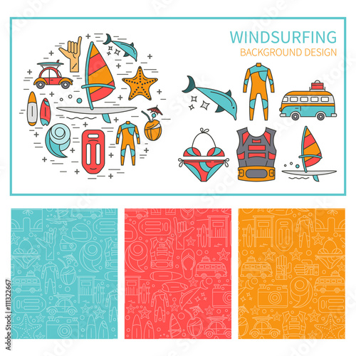 Vector set of icons windsurfing and seamless pattern
